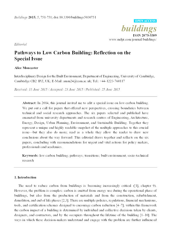 Pathways to low carbon building: Reflection on the special issue Thumbnail