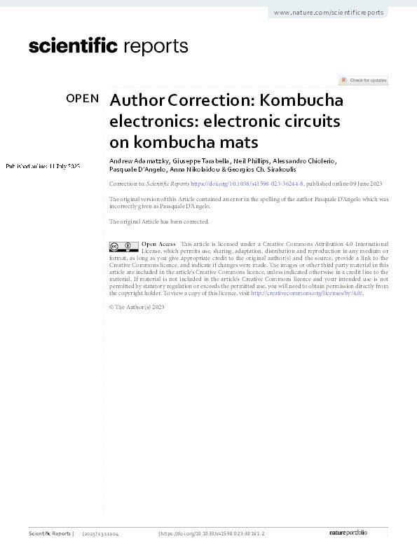 Author correction: Kombucha electronics: Electronic circuits on kombucha mats Thumbnail