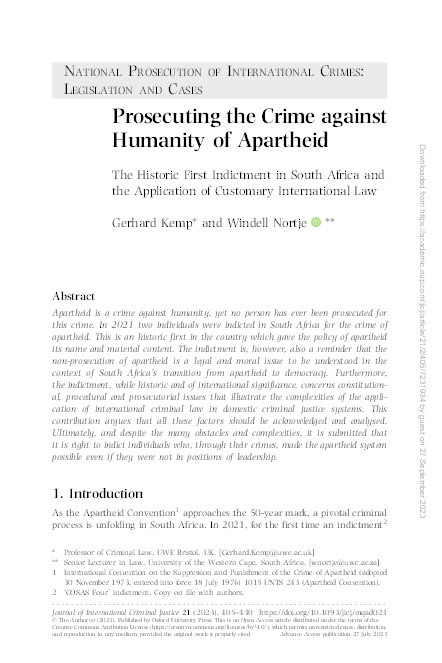 Prosecuting the crime against humanity of apartheid. The historic first indictment in South Africa and the application of customary international law Thumbnail