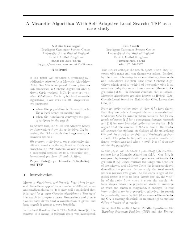 A memetic algorithm with self-adaptive local search: TSP as a case study Thumbnail
