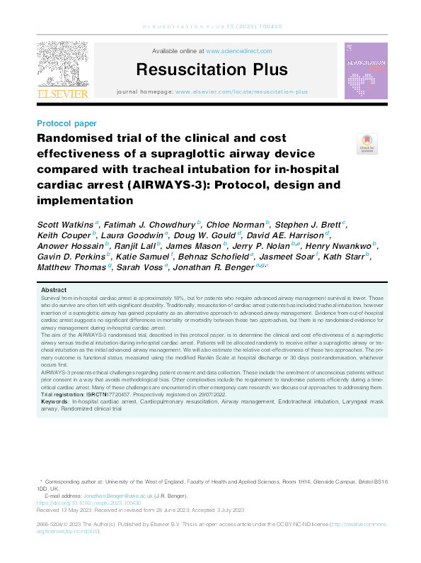 Randomised trial of the clinical and cost effectiveness of a supraglottic airway device compared with tracheal intubation for in-hospital cardiac arrest (AIRWAYS-3): Protocol, design and implementation Thumbnail
