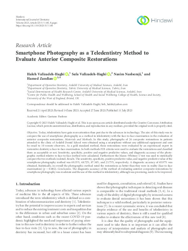 Smartphone photography as a teledentistry method to evaluate anterior composite restorations Thumbnail