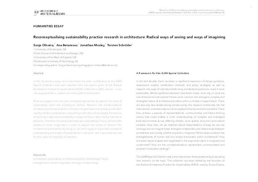 Reconceptualising sustainability practice research in architecture: Radical ways of seeing and imagining Thumbnail