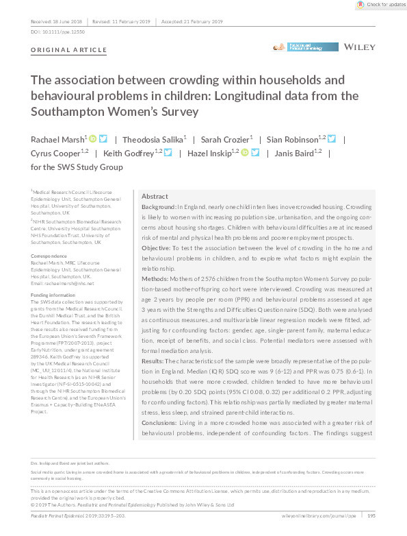 The association between crowding within households and behavioural problems in children: Longitudinal data from the Southampton Women’s Survey Thumbnail