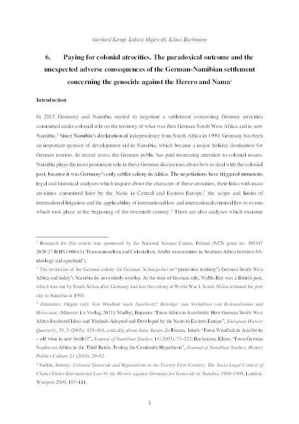 Paying for colonial atrocities. The paradoxical outcome and the unexpected adverse consequences of the German-Namibian settlement concerning the genocide against the Herero and Nama Thumbnail