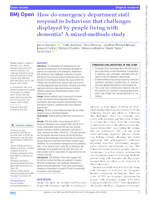 How do emergency department staff respond to behaviour that challenges displayed by people living with dementia? A mixed-methods study Thumbnail