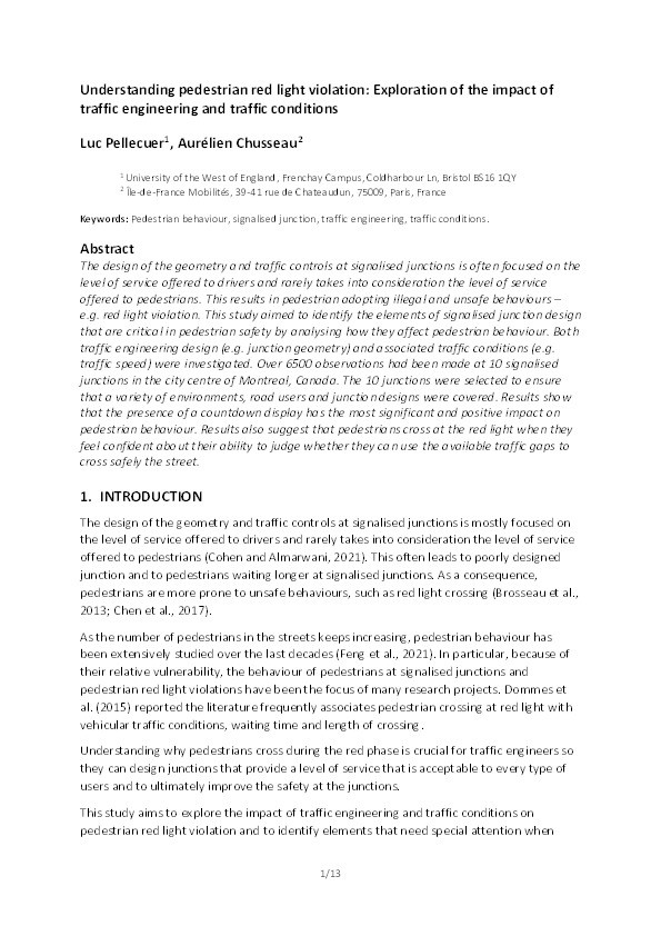 Understanding pedestrian red light violation: Exploration of the impact of traffic engineering and traffic conditions Thumbnail