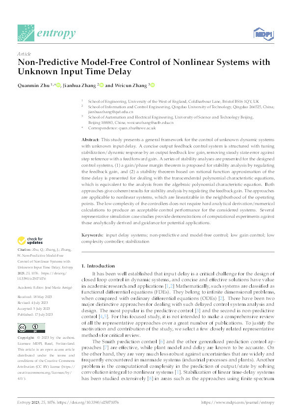 Non-predictive model-free control of nonlinear systems with unknown input time delay Thumbnail