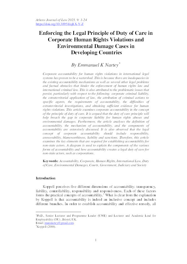 Enforcing the legal principle of duty of care in corporate human rights violations and environmental damage cases in developing countries Thumbnail