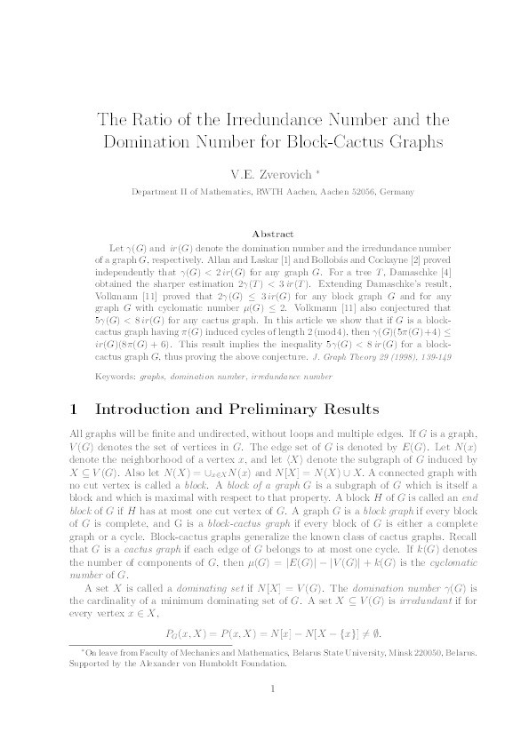 The Ratio of the Irredundance Number and the Domination Number for Block-Cactus Graphs Thumbnail