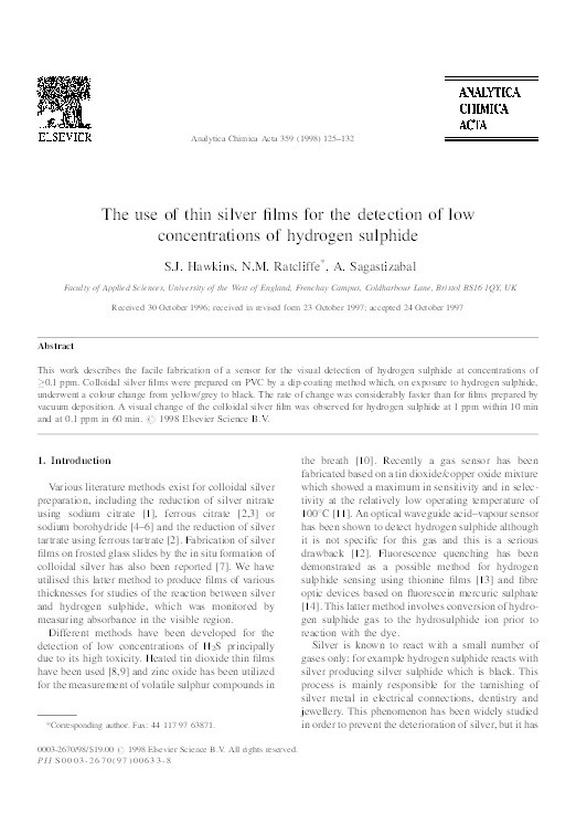 The use of thin silver films for the detection of low concentrations of hydrogen sulphide Thumbnail