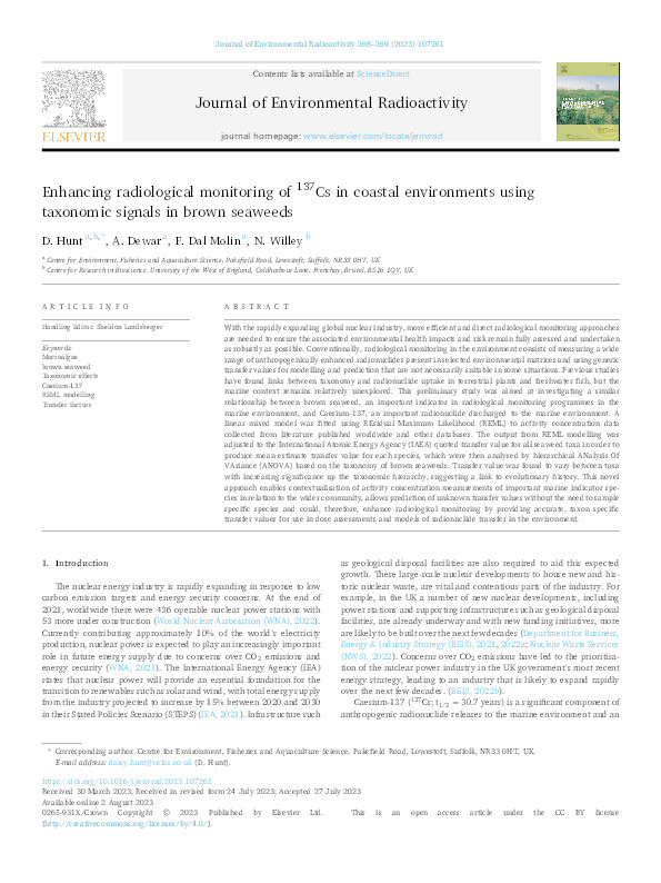 Enhancing radiological monitoring of 137Cs in coastal environments using taxonomic signals in brown seaweeds Thumbnail