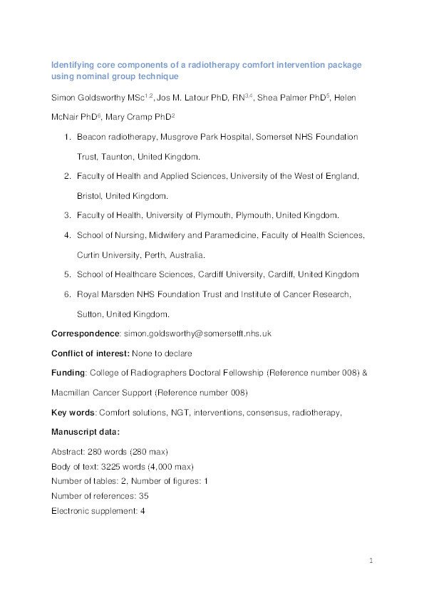 Identifying core components of a radiotherapy comfort intervention package using nominal group technique Thumbnail