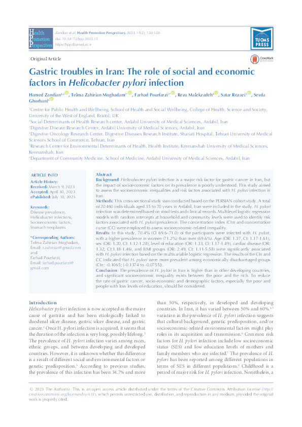 Gastric troubles in Iran: The role of social and economic factors in Helicobacter pylori infection Thumbnail