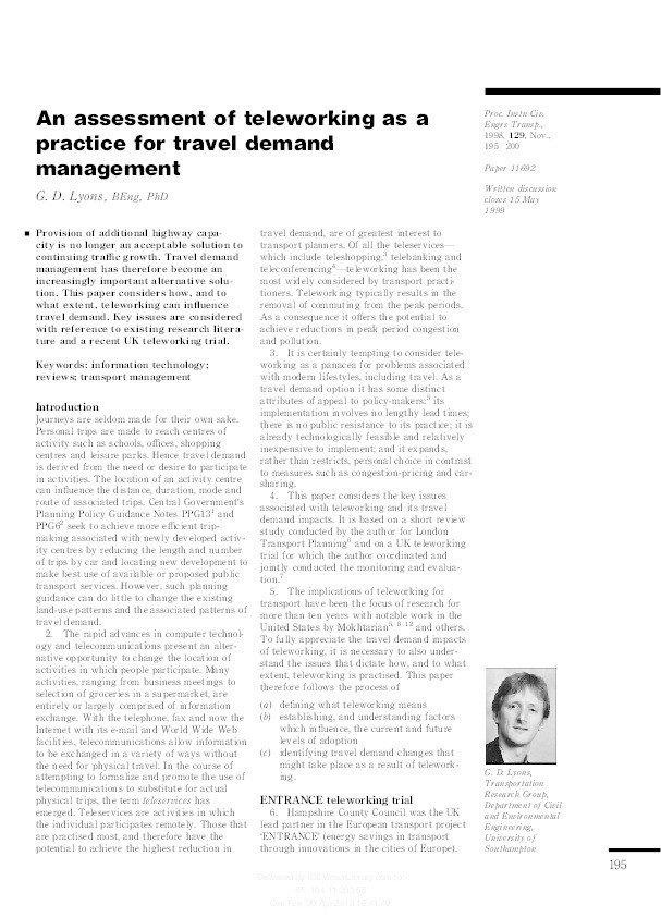 An assessment of teleworking as a practice for travel demand management Thumbnail