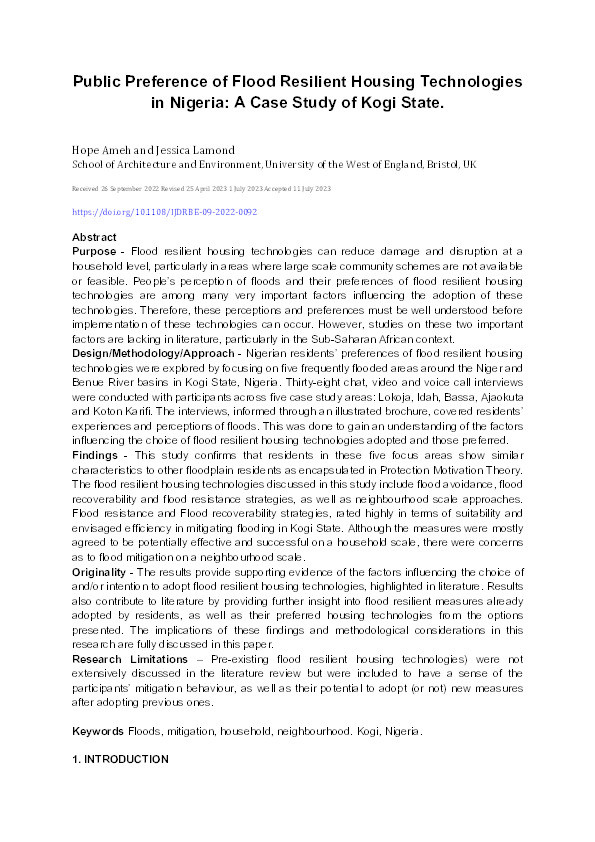 Public preference of flood-resilient housing technologies in Nigeria: A case study of Kogi State Thumbnail