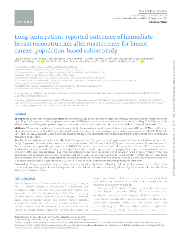 Long-term patient-reported outcomes of immediate breast reconstruction after mastectomy for breast cancer: Population-based cohort study Thumbnail