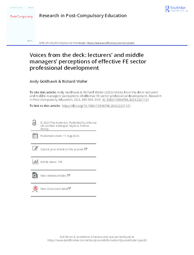 Voices from the deck: Lecturers’ and middle managers’ perceptions of effective FE sector professional development Thumbnail