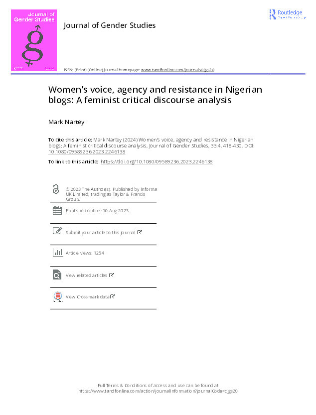 Women’s voice, agency and resistance in Nigerian blogs: A feminist critical discourse analysis Thumbnail