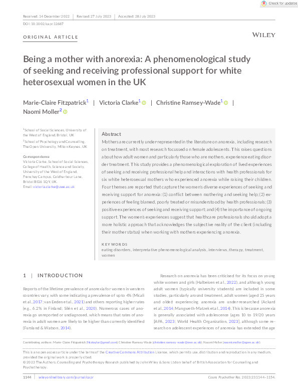 Being a mother with anorexia: A phenomenological study of seeking and receiving professional support for white heterosexual women in the UK Thumbnail