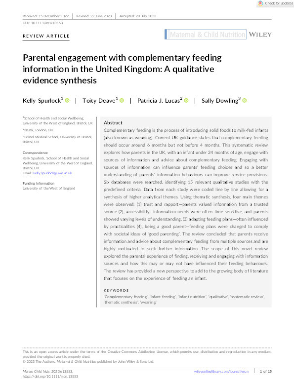 Parental engagement with complementary feeding information in the United Kingdom: A qualitative evidence synthesis Thumbnail