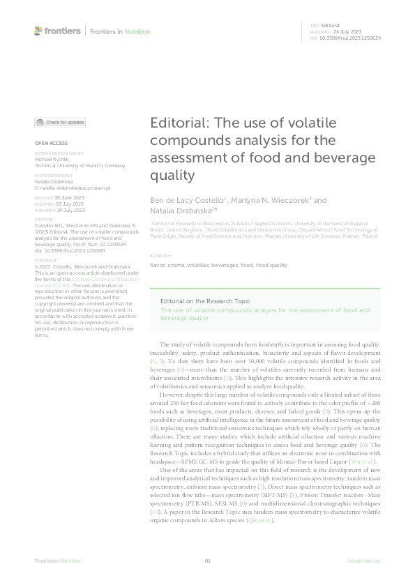Editorial: The use of volatile compounds analysis for the assessment of food and beverage quality Thumbnail