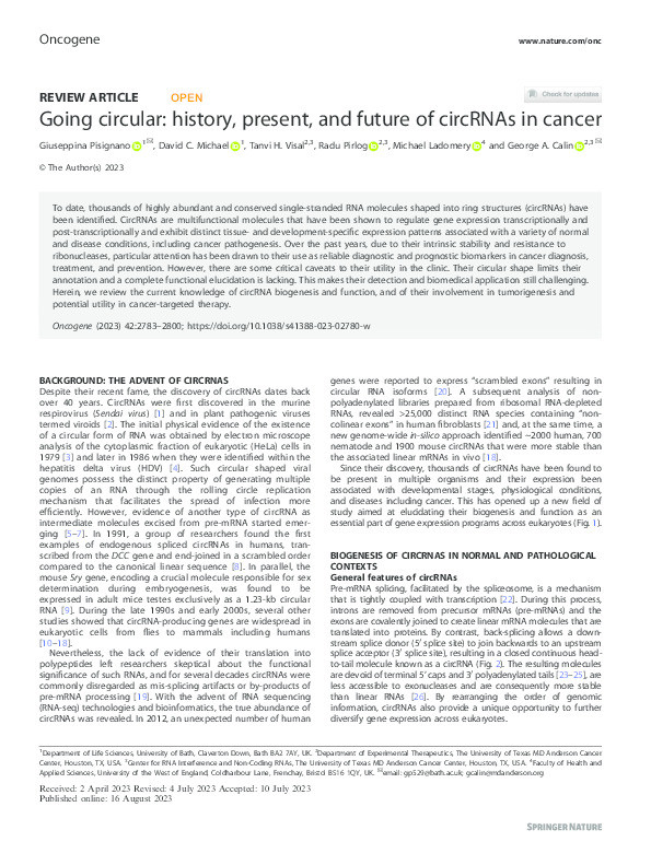 Going circular: history, present, and future of circRNAs in cancer. Thumbnail