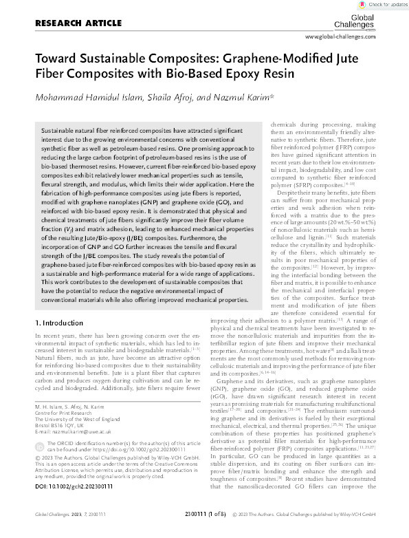 Toward sustainable composites: Graphene‐modified jute fiber composites with bio‐based epoxy resin Thumbnail