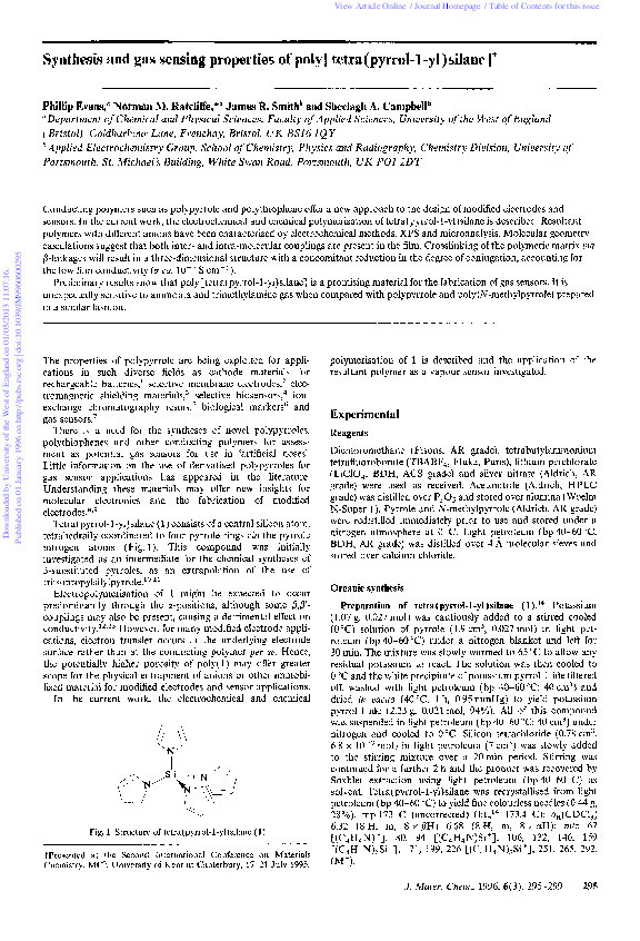 Synthesis and gas sensing properties of poly[tetra(pyrrol-1-yl)silane] Thumbnail