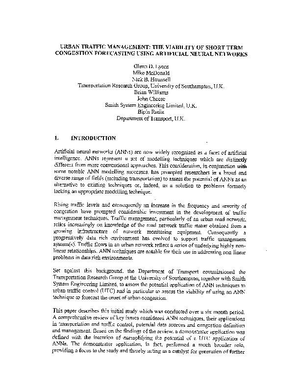 Urban traffic management; the viability of short term congestion forecasting using artificial neural networks Thumbnail