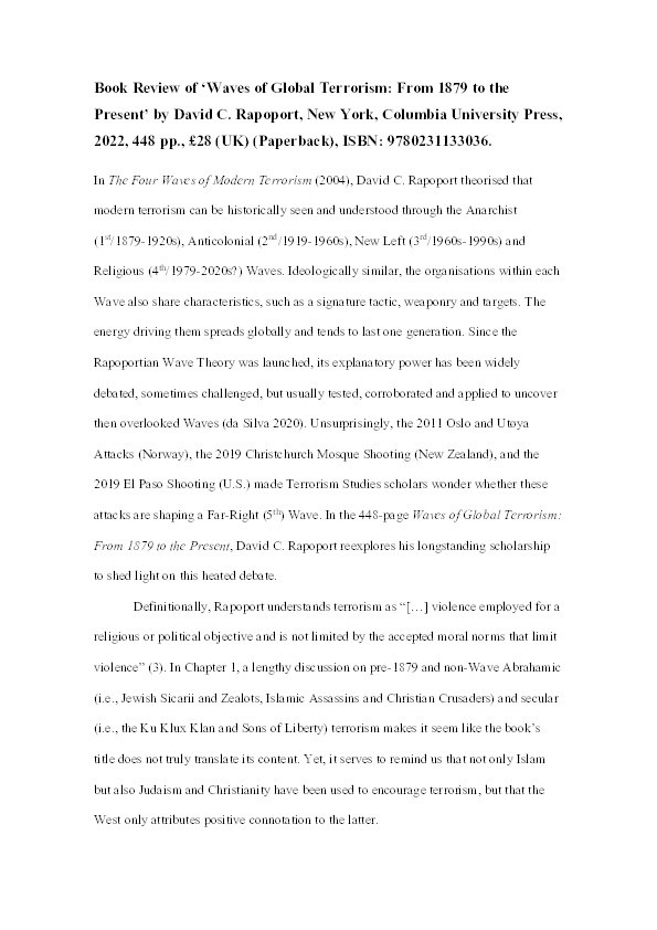 Book review of Waves of Global Terrorism: From 1879 to the Present: by David C. Rapoport, New York, Columbia University Press, 2022, 448 pp., £28 (UK) (Paperback), ISBN: 9780231133036 Thumbnail