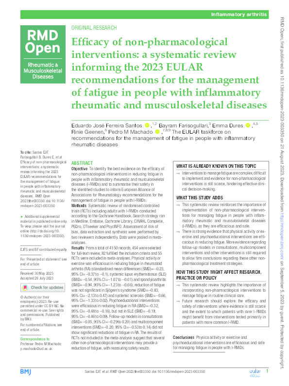 Efficacy of non-pharmacological interventions: a systematic review informing the 2023 EULAR recommendations for the management of fatigue in people with inflammatory rheumatic and musculoskeletal diseases Thumbnail