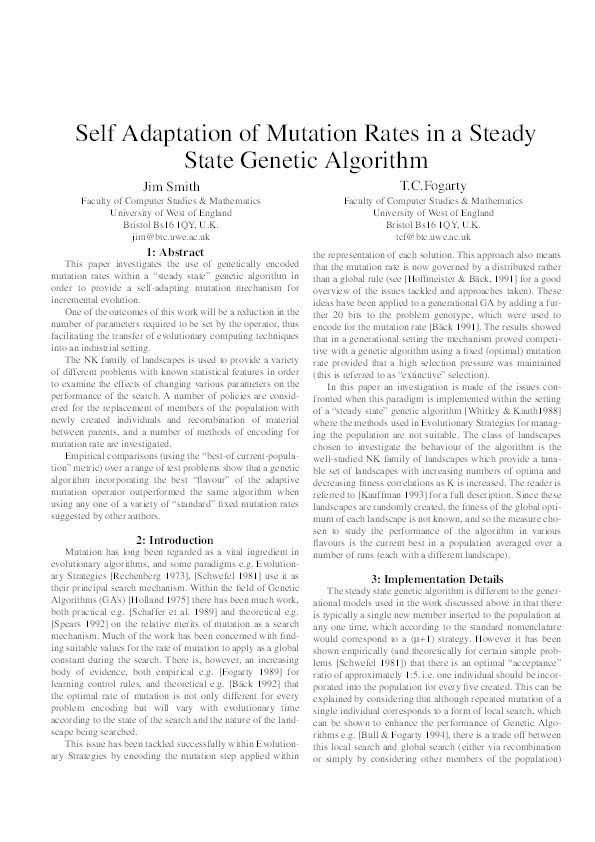 Self adaptation of mutation rates in a steady state genetic algorithm Thumbnail