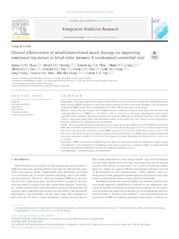 Clinical effectiveness of mindfulness-based music therapy on improving emotional regulation in blind older women: A randomized controlled trial Thumbnail