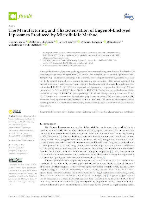 The manufacturing and characterisation of eugenol-enclosed liposomes produced by microfluidic method Thumbnail