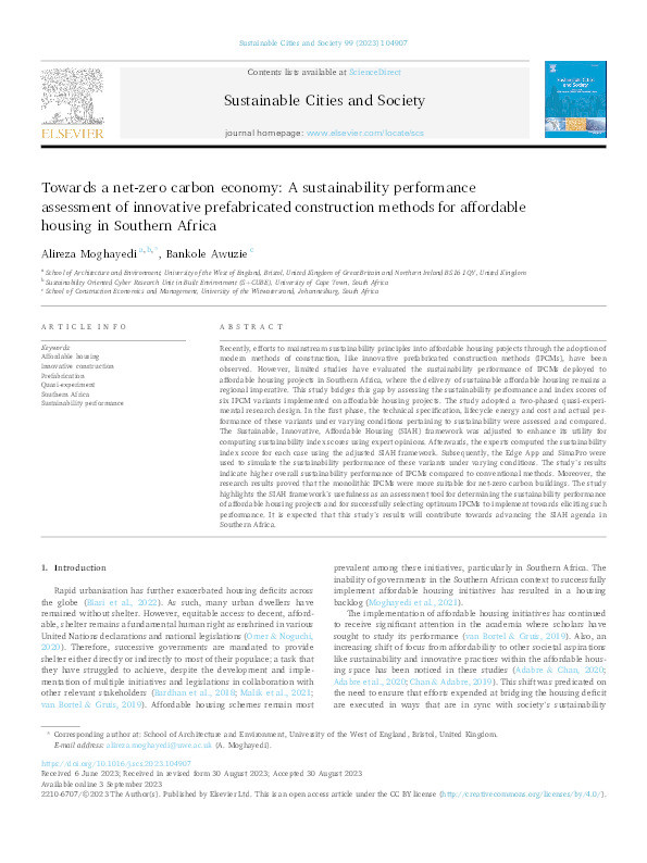 Towards a net-zero carbon economy: A sustainability performance assessment of innovative prefabricated construction methods for affordable housing in Southern Africa Thumbnail