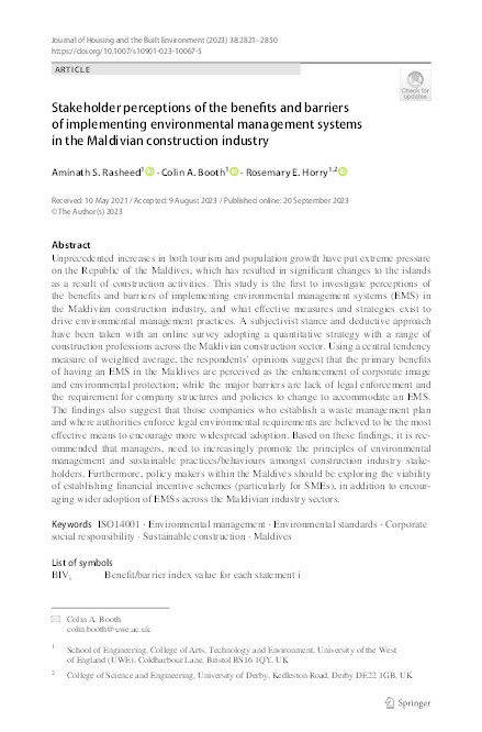 Stakeholder perceptions of the benefits and barriers of implementing environmental management systems in the Maldivian construction industry Thumbnail