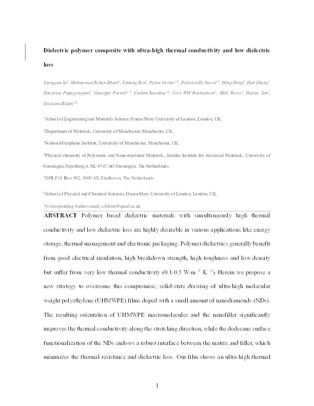 Dielectric polymer composites with ultra-high thermal conductivity and low dielectric loss Thumbnail