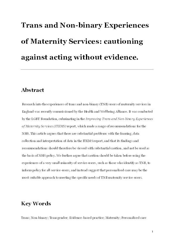 Trans and non-binary experiences of maternity services: Cautioning against acting without evidence Thumbnail