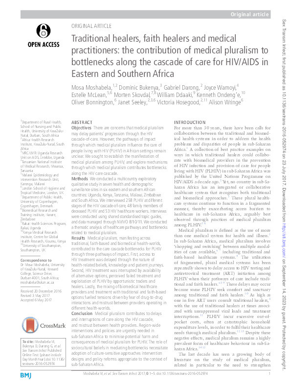 Traditional healers, faith healers and medical practitioners: The contribution of medical pluralism to bottlenecks along the cascade of care for HIV/AIDS in Eastern and Southern Africa Thumbnail