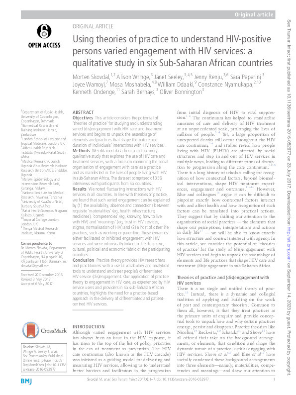 Using theories of practice to understand HIV-positive persons varied engagement with HIV services: A qualitative study in six Sub-Saharan African countries Thumbnail