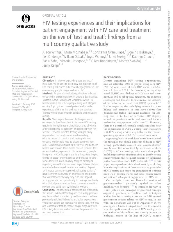 HIV testing experiences and their implications for patient engagement with HIV care and treatment on the Eve of 'test and treat': Findings from a multicountry qualitative study Thumbnail