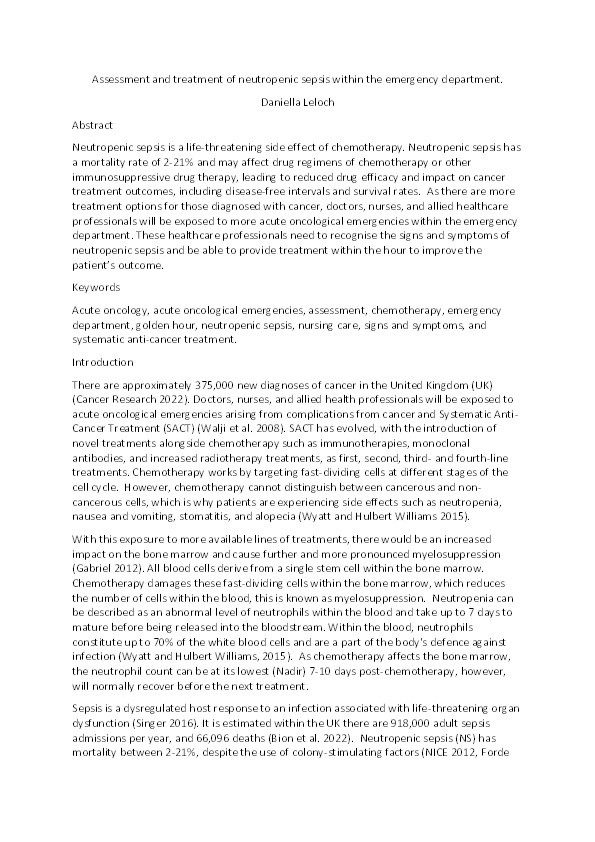 Assessment and management of adult patients with neutropenic sepsis in the emergency department Thumbnail