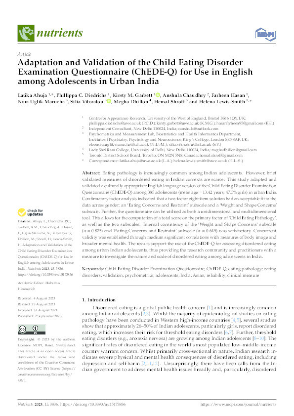 Adaptation and validation of the Child Eating Disorder Examination Questionnaire (ChEDE-Q) for use in English among adolescents in Urban India Thumbnail