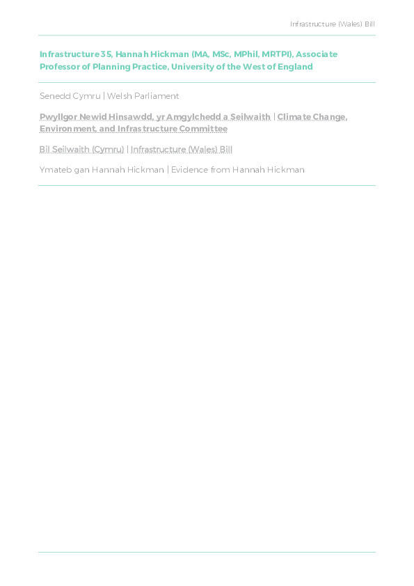 Written evidence to the climate change, environment and infrastructure committee of the Welsh Government on the infrastructure (Wales) bill Thumbnail