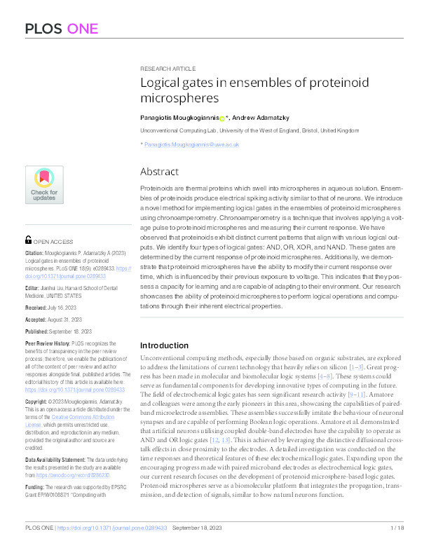 Logical gates in ensembles of proteinoid microspheres Thumbnail