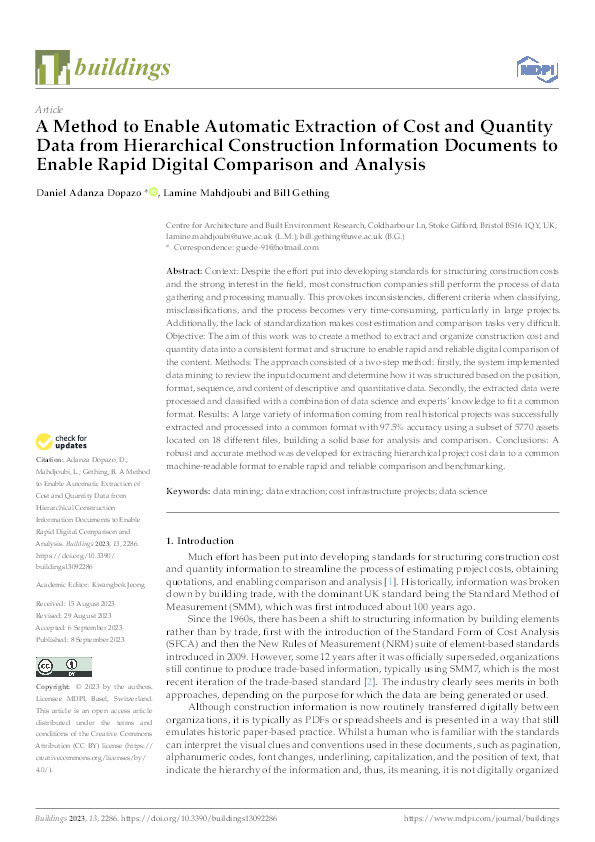 A method to enable automatic extraction of cost and quantity data from hierarchical construction information documents to enable rapid digital comparison and analysis Thumbnail