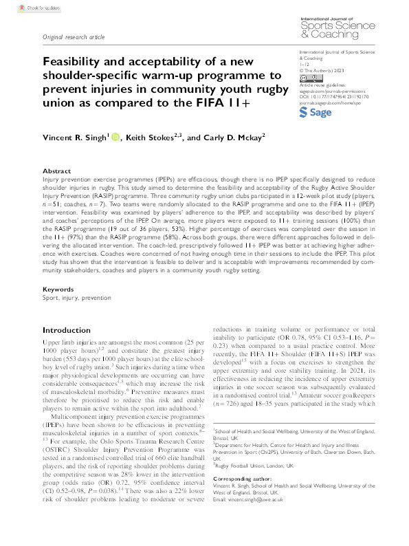 Feasibility and acceptability of a new shoulder-specific warm-up programme to prevent injuries in community youth rugby union as compared to the FIFA 11+ Thumbnail