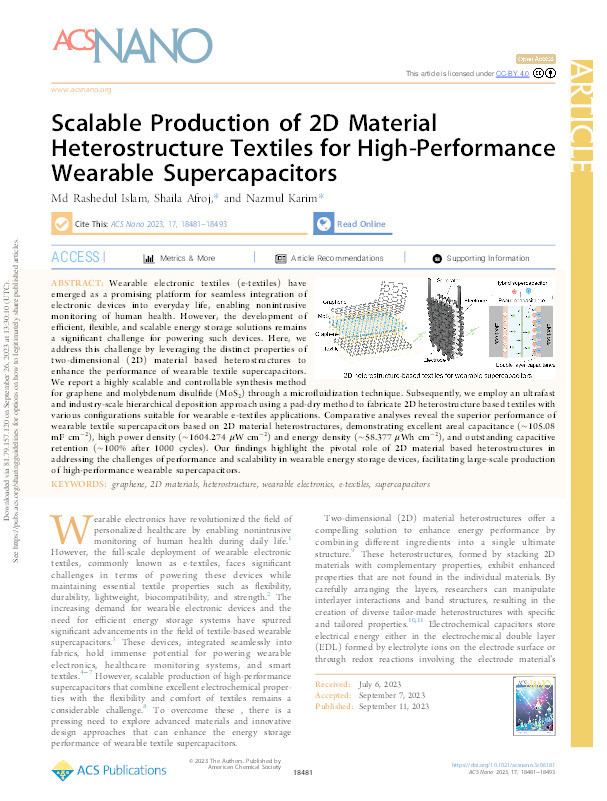 Scalable production of 2D material heterostructure textiles for high-performance wearable supercapacitors Thumbnail