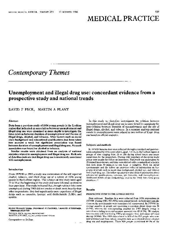 Unemployment and illegal drug use: Concordant evidence from a prospective study and national trends Thumbnail